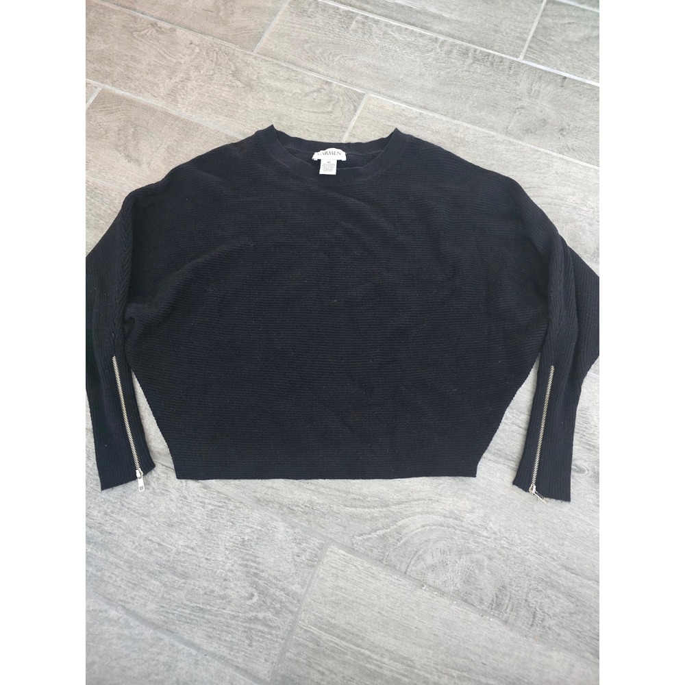 Carmen Marc Valvo Black Zipper Sleeve Ribbed Knit Pullover‎ Sweater Size XS